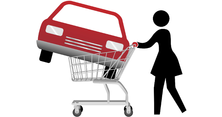 Illustration of woman with a car in a shopping cart