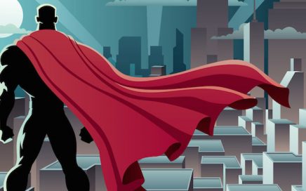 illustration of super hero watching over city