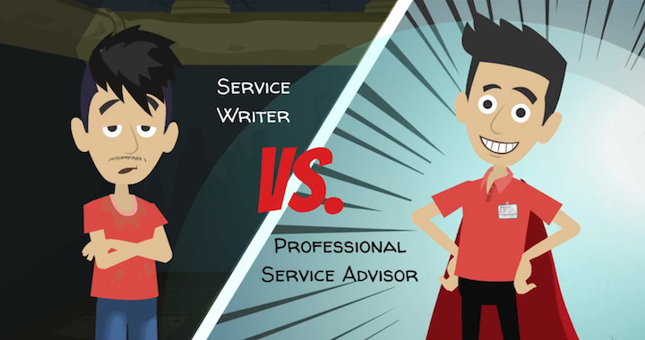 disheveled service writer vs a superhero professional service advisor