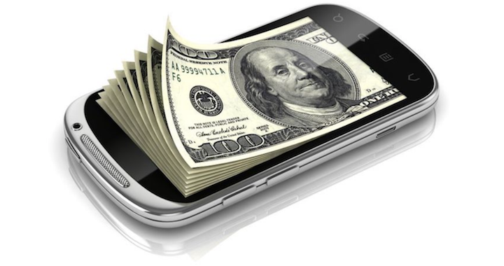 Stack of money coming out of a cell phone
