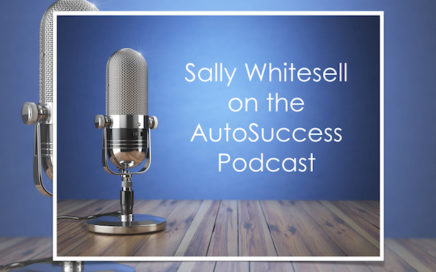 Podcast microphone with text Sally Whitesell on the Autosuccess Podcast