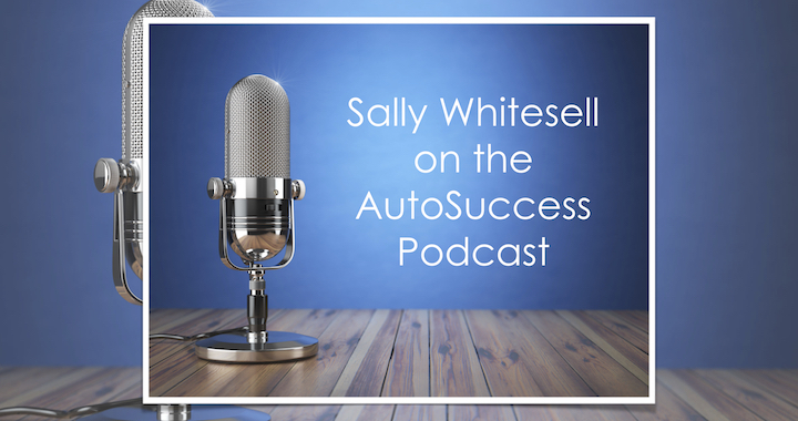 Podcast microphone with text Sally Whitesell on the Autosuccess Podcast