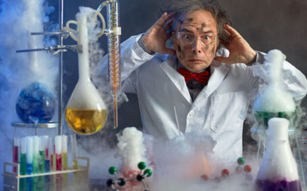 frightened scientist front of experiment that exploded in lab