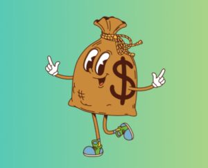 Dancing money bag with a dollar sign.