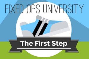 Fixed Ops University logo with sneaker graphic.