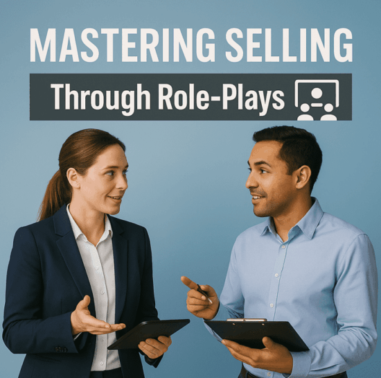 Two professionals practicing sales techniques through role-play.