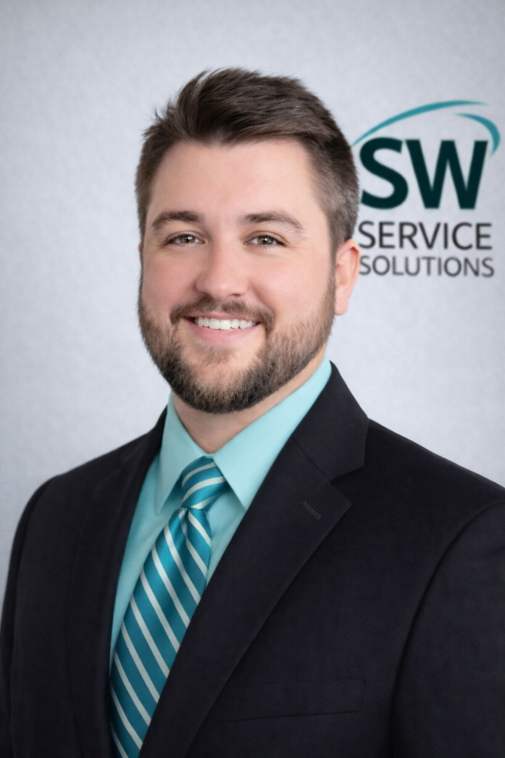 Professional executive portrait with logo