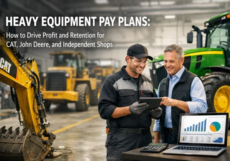Two men discussing heavy equipment pay plans in a construction site.