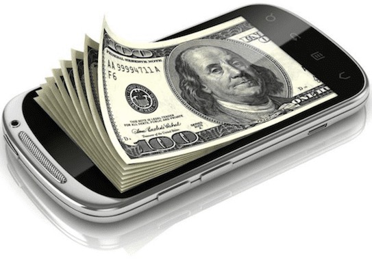 Smartphone with stack of hundred-dollar bills.