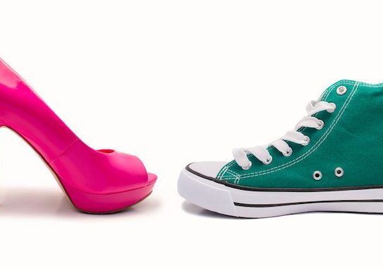 Pink high heel and green sneaker.