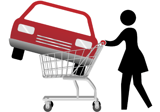 Silhouette pushing shopping cart with car.